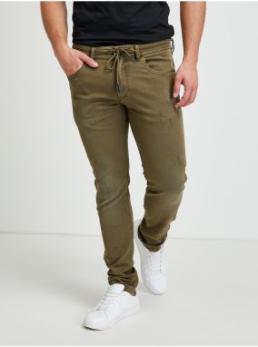 Kaki pánske slim fit rifle s potrhaným efektom Diesel Thommer