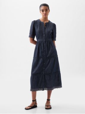 Tmavomodré dámske rifľové midi šaty s čipkou GAP
