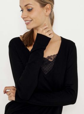 Čierny ľahký sveter s ozdobnými detailmi CAMAIEU