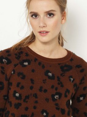 Tmavohnedý sveter s leopardím vzorom CAMAIEU galéria