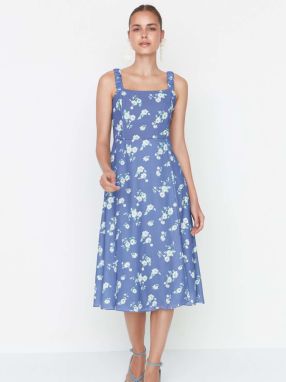 Modré kvetinové strappy midi šaty s rozparkom Trendyol