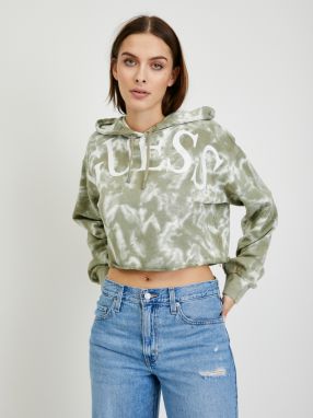 Zelená dámska batikovaná crop mikina s kapucňou Guess Tie Dye