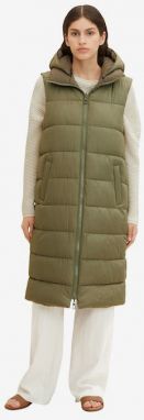 Khaki dámska dlhá prešívaná vesta s kapucňou Tom Tailor