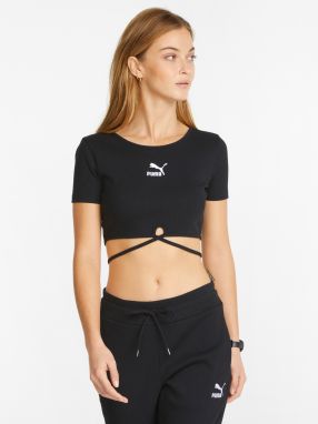 Čierne dámske rebrované cropped tričko so zaväzovaním Puma