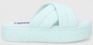Šľapky Tommy Jeans dámske, tyrkysová farba, na platforme