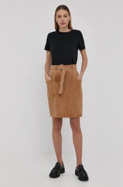 Kožená sukňa BOSS béžová farba, mini, rovný strih galéria