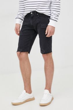 Rifľové krátke nohavice Pepe Jeans Stanley Short Destroy pánske, čierna farba,