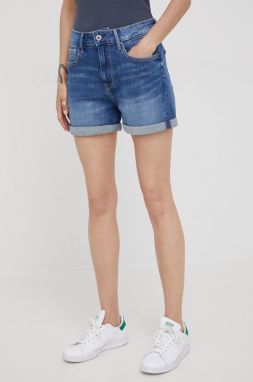 Rifľové krátke nohavice Pepe Jeans Mary Short dámske, tmavomodrá farba, jednofarebné, vysoký pás