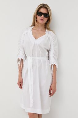 Bavlnené šaty BOSS biela farba, mini, áčkový strih
