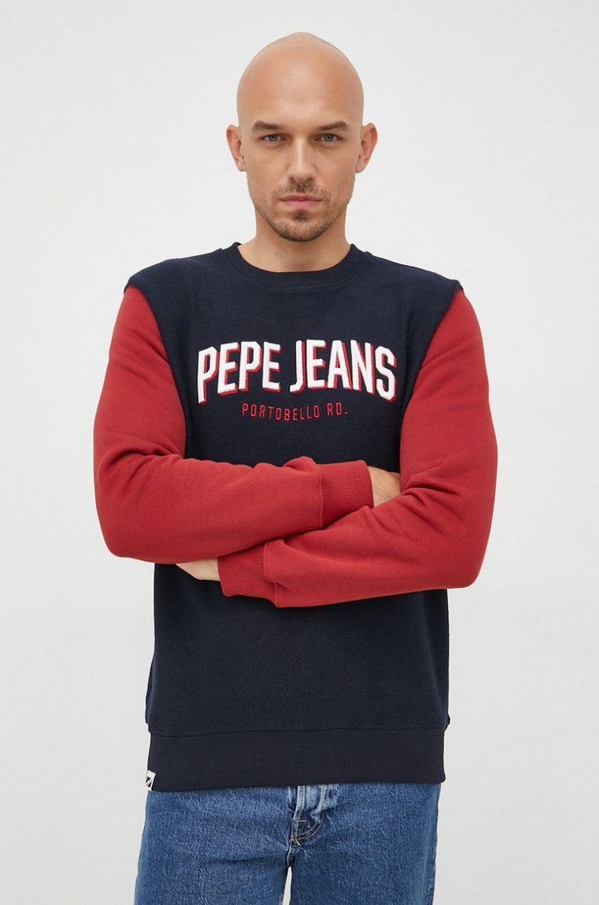 Bavlnená mikina Pepe Jeans pánska, tmavomodrá farba, s nášivkou