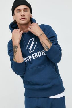 Bavlnená mikina Superdry pánska, tmavomodrá farba, s kapucňou, s nášivkou