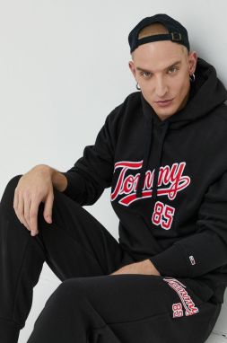 Mikina Tommy Jeans pánska, čierna farba, s kapucňou, s nášivkou