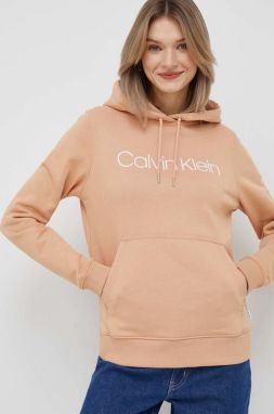 Mikina Calvin Klein dámska, oranžová farba, s kapucňou, s potlačou