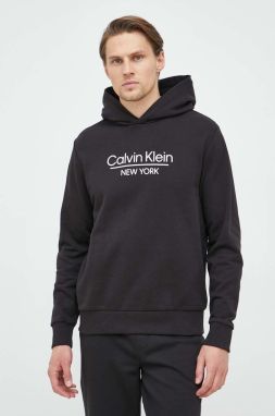 Bavlnená mikina Calvin Klein pánska, čierna farba, s kapucňou, vzorovaná