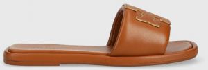 Kožené šľapky Tory Burch Double T Sport Slide dámske, hnedá farba, 79985-202