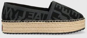 Espadrilky Tommy Jeans LOGOMANIA ESPADRILLE čierna farba, na platforme, EN0EN02079