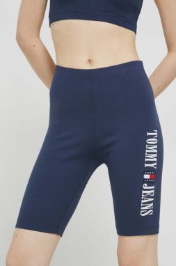 Šortky Tommy Jeans dámske, tmavomodrá farba, s nášivkou, vysoký pás