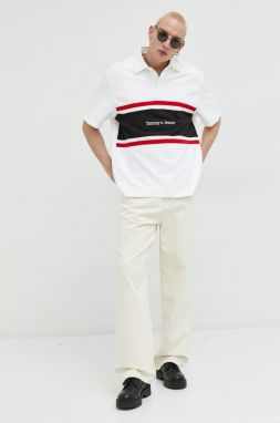 Bavlnené polo tričko Tommy Jeans béžová farba, vzorované