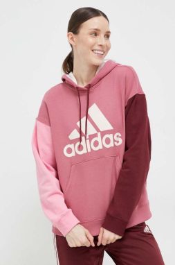 Bavlnená mikina adidas dámska, ružová farba, s kapucňou, vzorovaná