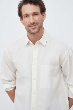 Košeľa s prímesou ľanu Calvin Klein béžová farba, voľný strih, s klasickým golierom