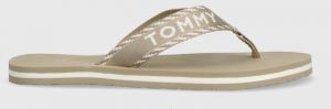Žabky Tommy Hilfiger TOMMY WEBBING SANDAL dámske, béžová farba, na plochom podpätku, FW0FW07143