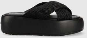 Šľapky Calvin Klein BUBBLE SLIDE - WOVEN dámske, čierna farba, na platforme, HW0HW01468