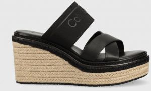 Šľapky Calvin Klein WEDGE 50HH - HE dámske, čierna farba, na kline, HW0HW01498