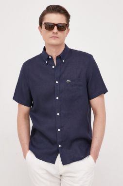 Ľanová košeľa Lacoste tmavomodrá farba, regular, s golierom button-down