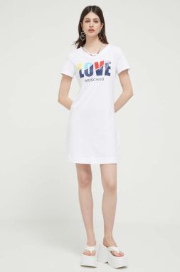 Bavlnené šaty Love Moschino biela farba, mini, rovný strih