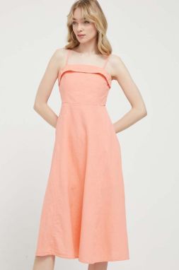 Ľanové šaty Abercrombie & Fitch oranžová farba, midi, áčkový strih