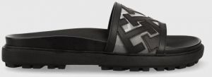 Kožené šľapky Tommy Hilfiger TH ELEVATED FLAT SANDAL dámske, čierna farba, na platforme, FW0FW07407