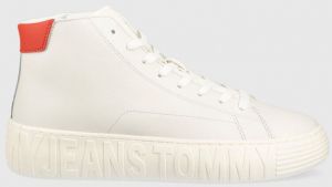 Kožené tenisky Tommy Jeans TJM OUTSOLE MID CUT pánske, biela farba, EM0EM01218