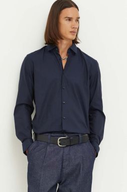 Bavlnená košeľa HUGO pánska, tmavomodrá farba, slim, s klasickým golierom
