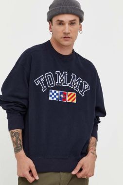 Bavlnená mikina Tommy Jeans pánska, tmavomodrá farba, melanžová