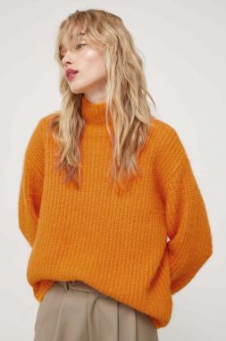 Vlnený sveter Bruuns Bazaar dámsky, oranžová farba, teplý, s polorolákom