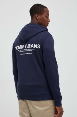 Bavlnená mikina Tommy Jeans pánska, tmavomodrá farba, s kapucňou, s potlačou