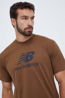 Bavlnené tričko New Balance hnedá farba, s potlačou