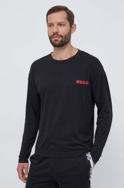 Tričko s dlhým rukávom HUGO čierna farba, jednofarebný
