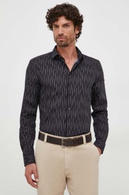 Bavlnená košeľa Sisley pánska, čierna farba, slim, s klasickým golierom