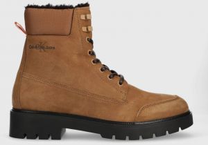 Semišové členkové topánky Calvin Klein Jeans COMBAT MID LACEUP WL SUEDE pánske, hnedá farba, YM0YM00765