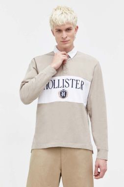Bavlnené tričko s dlhým rukávom Hollister Co. hnedá farba, s nášivkou