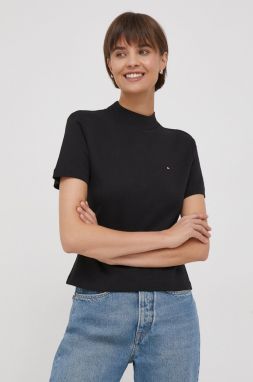 Bavlnené tričko Tommy Hilfiger dámsky, čierna farba, s polorolákom