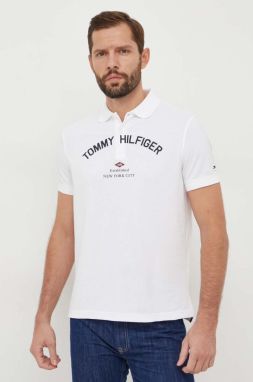Bavlnené polo tričko Tommy Hilfiger biela farba, s potlačou