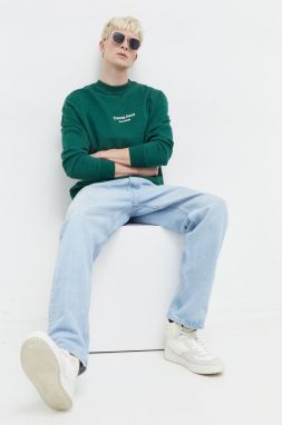 Bavlnená mikina Tommy Jeans pánska, zelená farba, s nášivkou