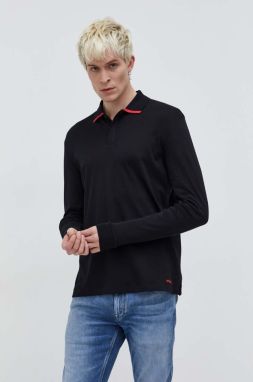 Bavlnené tričko s dlhým rukávom HUGO čierna farba, jednofarebný