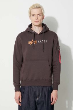 Mikina Alpha Industries Alpha Label Hoody 118331.696, pánska, hnedá farba, s kapucňou, s potlačou