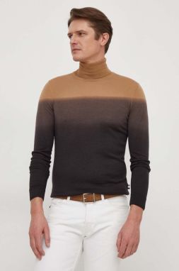 Vlnený sveter BOSS pánsky, béžová farba, tenký, s rolákom