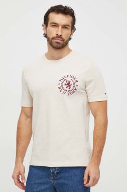 Bavlnené tričko Tommy Hilfiger pánsky, béžová farba, melanžový
