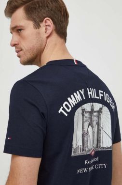 Bavlnené tričko Tommy Hilfiger pánsky, tmavomodrá farba, s potlačou