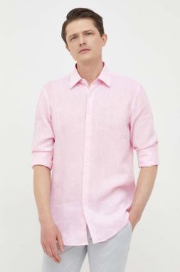 Ľanová košeľa BOSS ružová farba, slim, s klasickým golierom